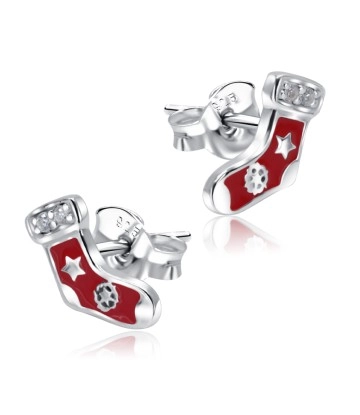 Christmas Sock Red Enamel With CZ Silver Stud Earrings STS-5522